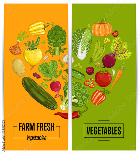 Organic vegetable farming flyers set vector illustration. Locally grown vegetable, vegan retail, natural product. Healthy farm food advertising with pumpkin, beans, onion, peas, tomato, radish, carrot