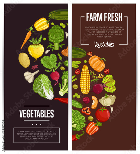 Fresh vegetable farming flyers set vector illustration. Natural growing vegetable, vegan retail, product store poster. Healthy farm food advertising with garlic, potato, pumpkin, cabbage, tomato, corn