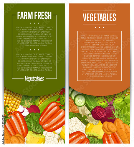 Organic vegetable farming flyers set vector illustration. Locally grown vegetable, vegan retail, natural product. Healthy farm food advertising with broccoli, potato, corn, cabbage, cucumber, radish