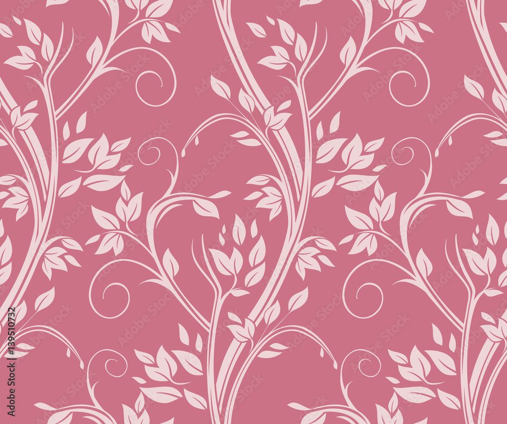 Dark pink floral seamless pattern. Stems curl background.
