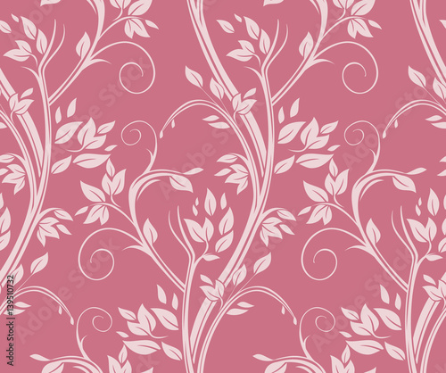 Dark pink floral seamless pattern. Stems curl background. 