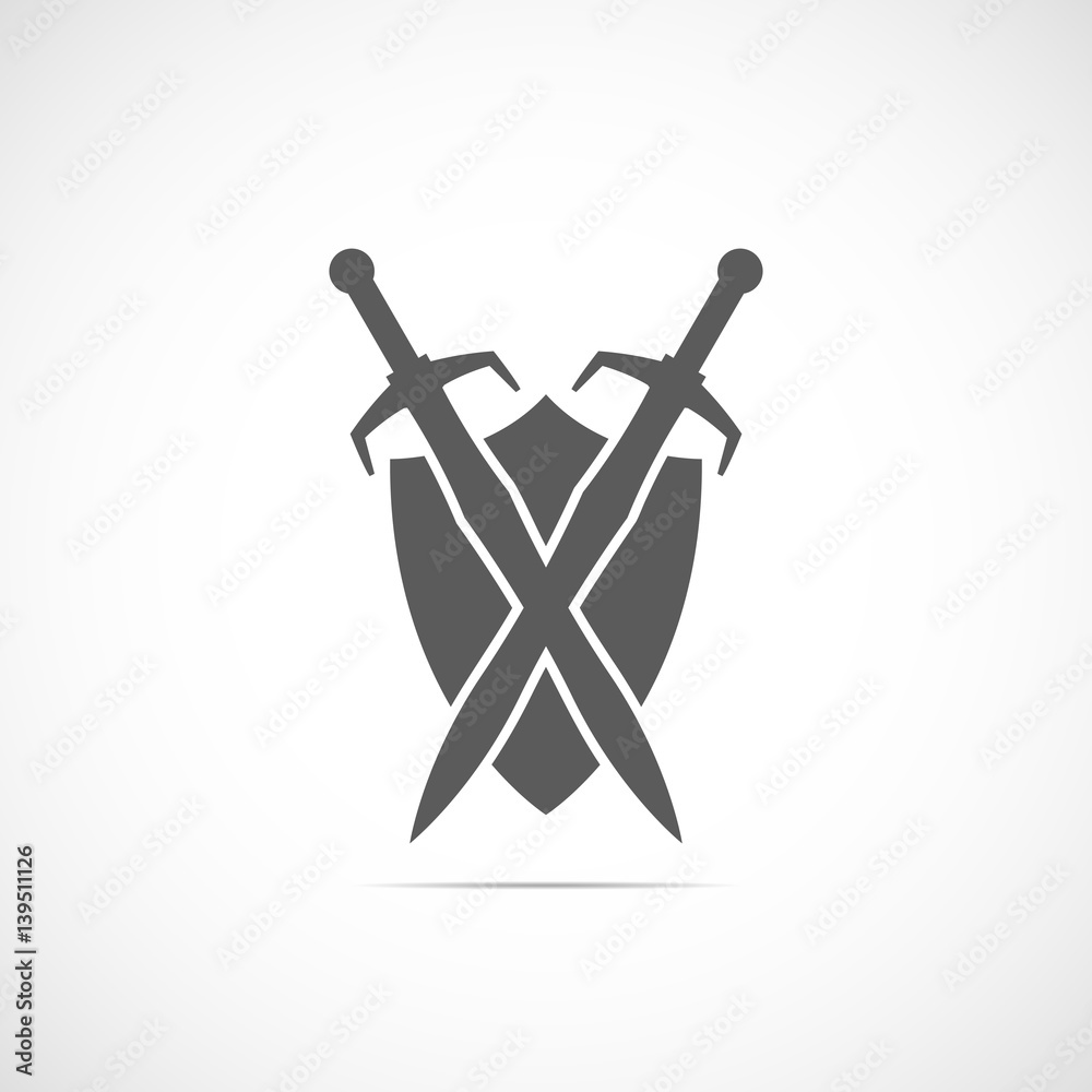 Abstract vector icon - shield and sword with shadow. Abstract vector icon - shield and sword with shadow.