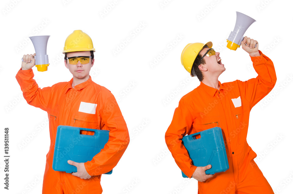 Builder with loudspeaker isolated on white Builder with loudspeaker isolated on white