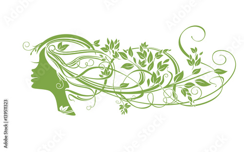 Girl nymph. Green foliage in long hair. Organic hair care vector template.
