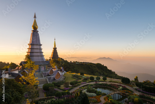 two pagoda view on the top of Inthanon mountain, Chiang Mai province, Thailand.