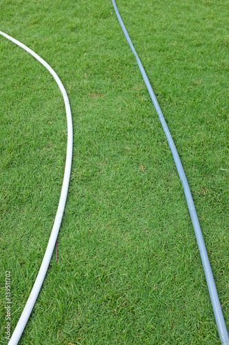 Water rubber tube lie on the green field.