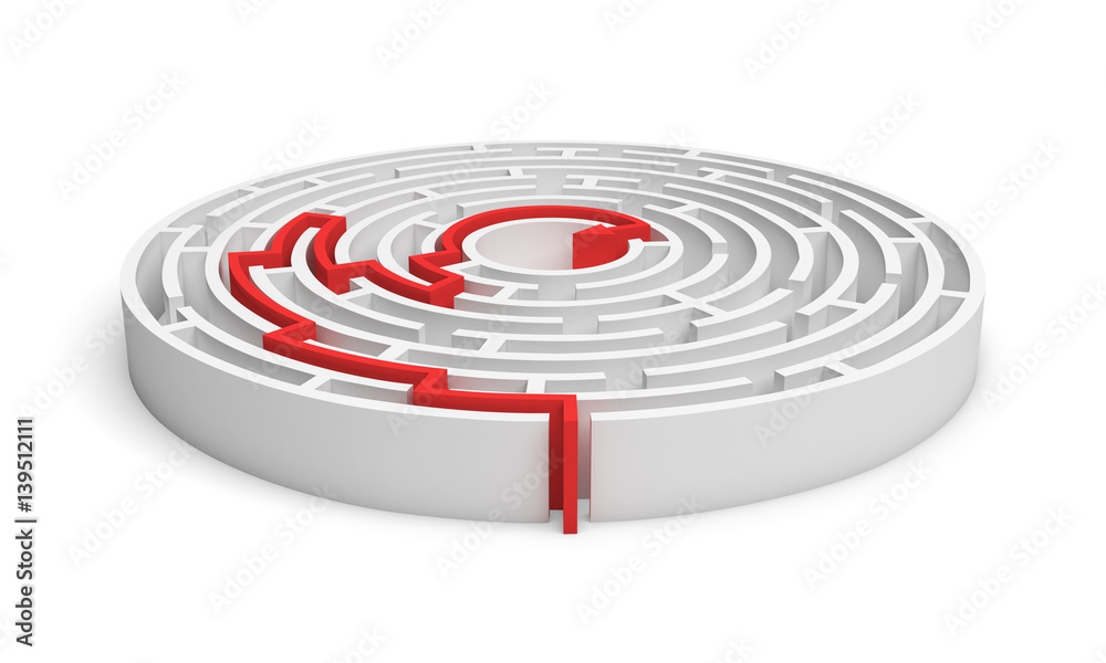 3d rendering of a white round maze with a red arrowed line showing the way out. 3d rendering of a white round maze with a red arrowed line showing the way out.