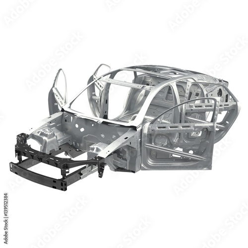 Carcass af a sedan car on white. Angle from up. 3D illustration photo