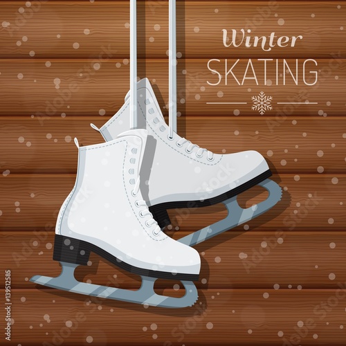 Vector illustration of white ice skates on wooden winter background