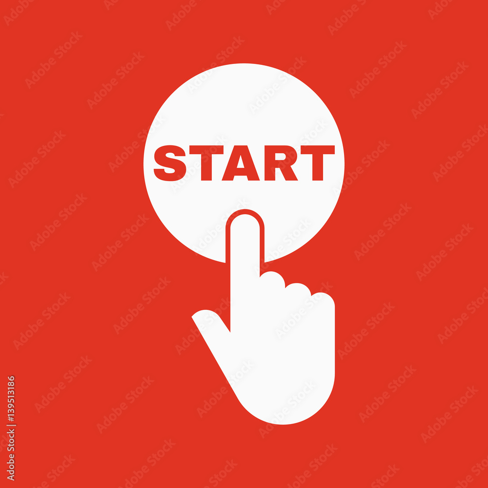 Hand pressing a button with the text START icon. Startup, launch, run symbol. Flat design. Stock - Vector illustration Hand pressing a button with the text START icon. Startup, launch, run symbol. Flat design. Stock - Vector illustration