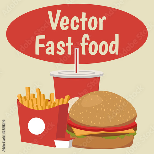 Lunch with burger, french fries with ketchup and soda takeaway