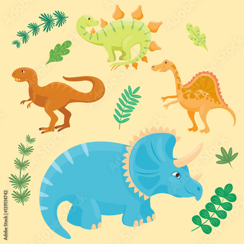 Cartoon dinosaurs vector illustration isolated monster animal dino prehistoric character reptile predator jurassic fantasy dragon leaf