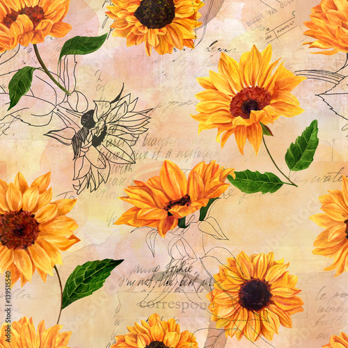 Seamless pattern with watercolor sunflowers on old ephemera