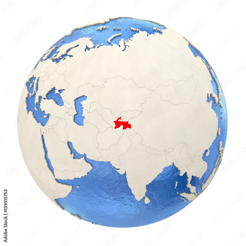 Tajikistan in red on full globe isolated on white