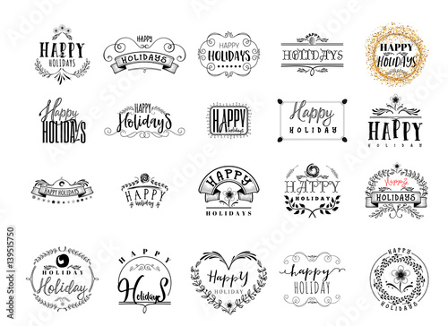 Typographic badges - Happy Holidays. On the basis of script fonts, handmade. It can be used to design your printed products