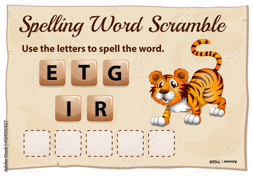 Spelling word scramble game with word tiger