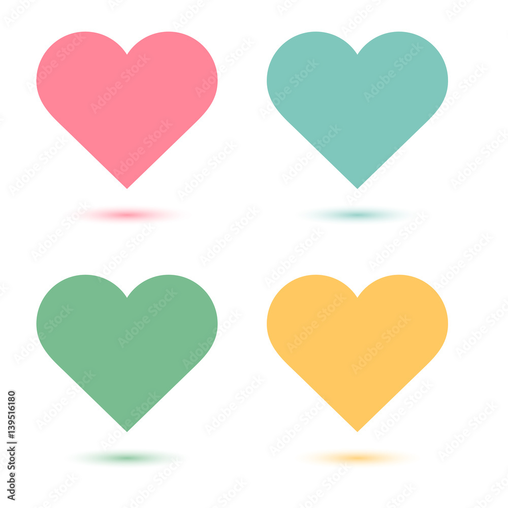 set of pink blue green and yellow heart vector icon with shadow