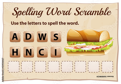 Spelling word scramble game for word sandwich