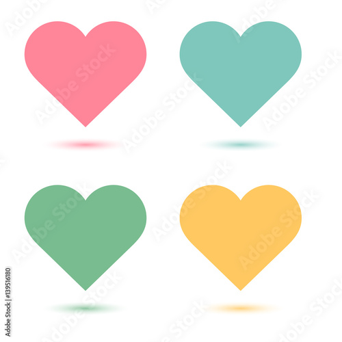 set of pink blue green and yellow heart vector icon with shadow