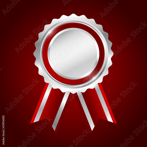 Silver award red ribbon on red background, vector illustration