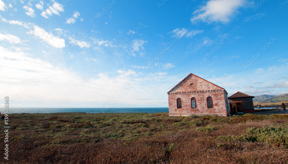 Red Brick Fog Signal Building at the Piedras Blancas Lighthouse on the Central California Coas Red Brick Fog Signal Building at the Piedras Blancas Lighthouse on the Central California Coas