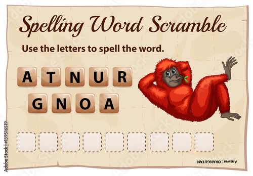 Spelling word scramble game for word orangutan