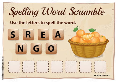 Spelling word scramble game with word oranges