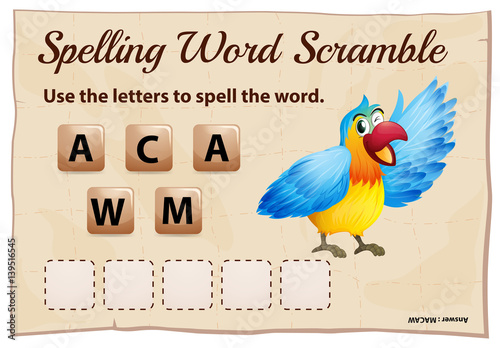 Spelling word scramble game with word macaw