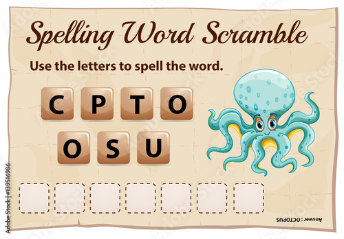 Spelling word scramble game with word octapus