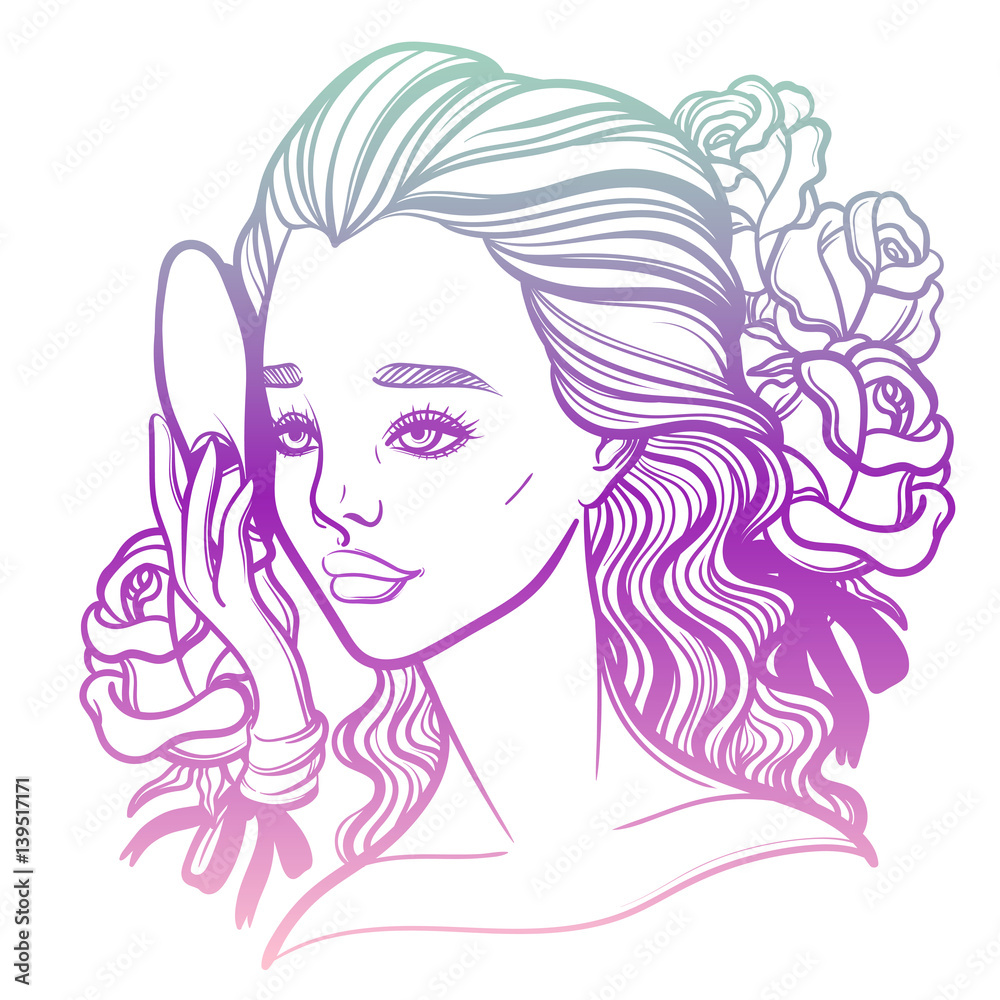 Beautiful vector illustration of a girl and a mask. Phantom of the Opera. Opera diva and Muse. Tattoo poster prints for T-shirts or coloring books. Beautiful vector illustration of a girl and a mask. Phantom of the Opera. Opera diva and Muse. Tattoo poster prints for T-shirts or coloring books.