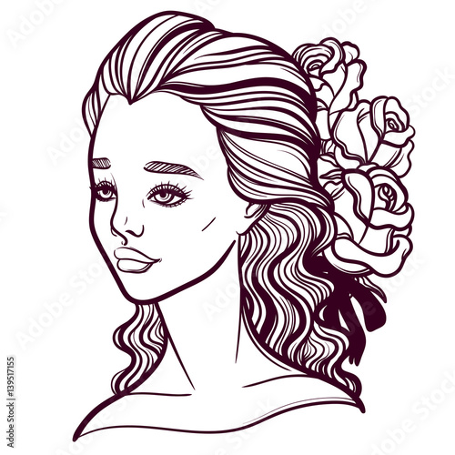 Beautiful vector illustration of a girl and a flowers. Phantom of the Opera. Opera diva and Muse. Tattoo poster prints for T-shirts or coloring books.