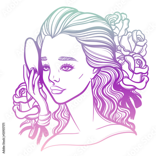 Beautiful vector illustration of a girl and a mask. Phantom of the Opera. Opera diva and Muse. Tattoo poster prints for T-shirts or coloring books.
