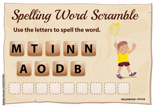 Spelling word scramble game with word badminton