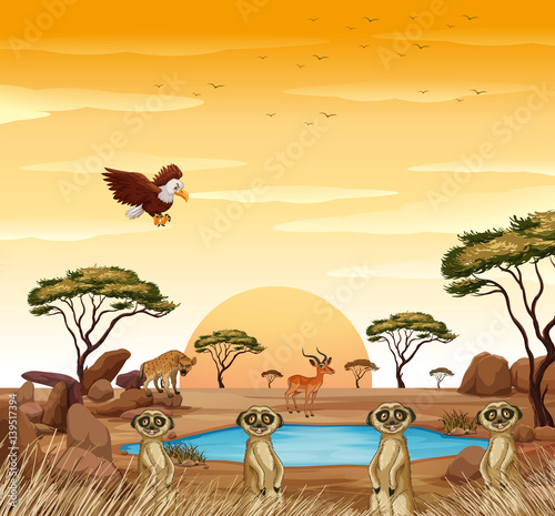 Scene with meerkats and other animals in field