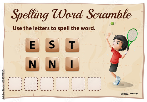 Spelling word scramble game with word tennis
