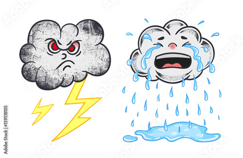 Cartoon vector characters. Illustration of cloud crying and evil cloud