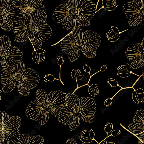 Vector seamless pattern. Beautiful Golden orchids to decorate the background.