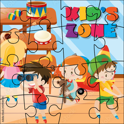 Jigsaw puzzle game with kids playing in room