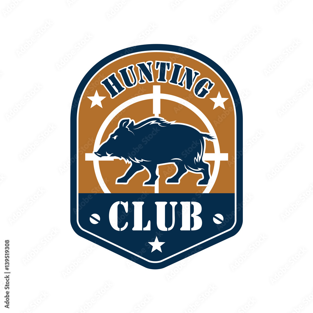 Hunting club shield badge with wild boar