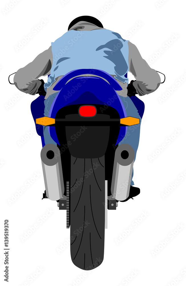 Classic sport racing motorcycle with rider wearing sleeveless jeans jacket and helmet rear view isolated vector illustration