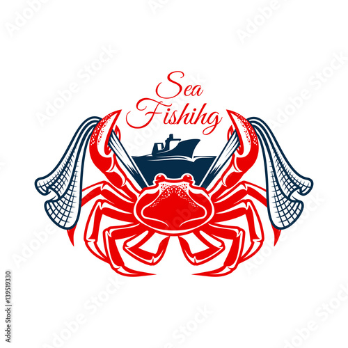 Sea fishing symbol with crab and net