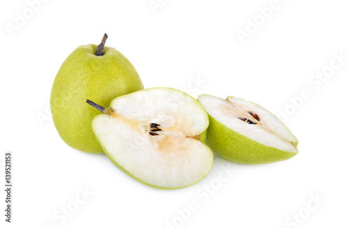 fresh green pear with stem on white background