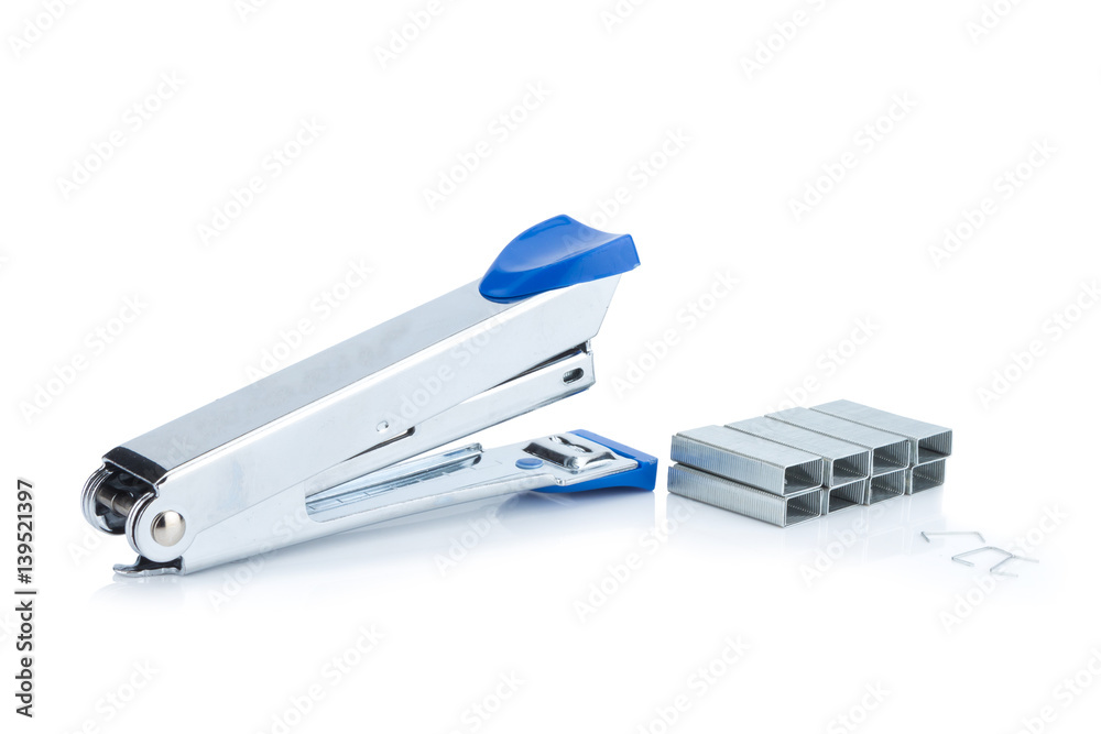 stapler steel color blue and staples isolated on white background stapler steel color blue and staples isolated on white background