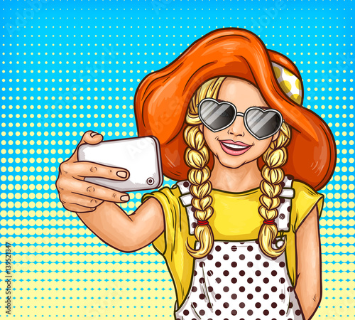 Vector pop art little girl in sunglasses and vintage hat makes selfie