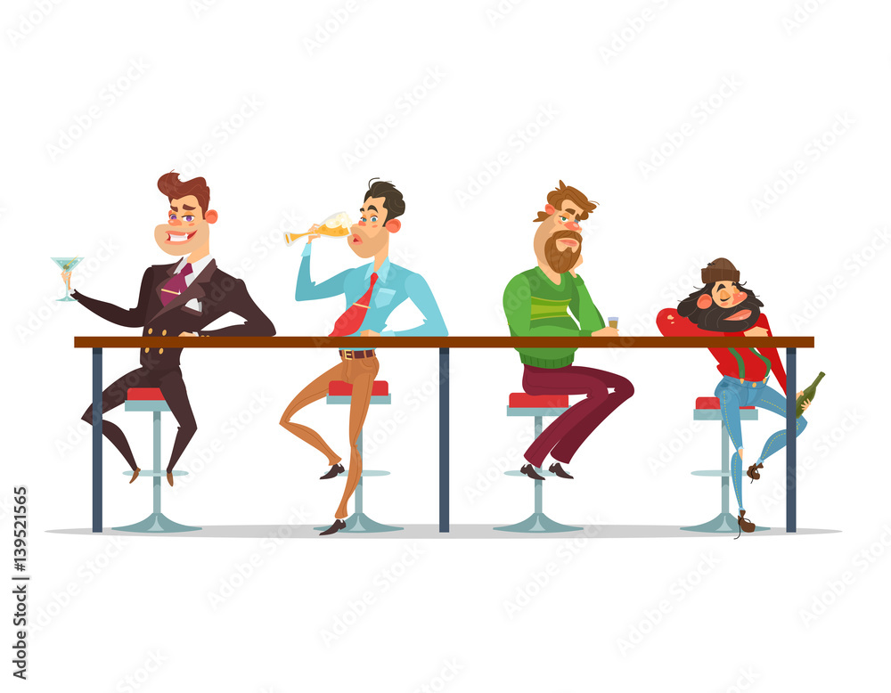 Vector cartoon men sitting at the bar table at various stages of drunkenness