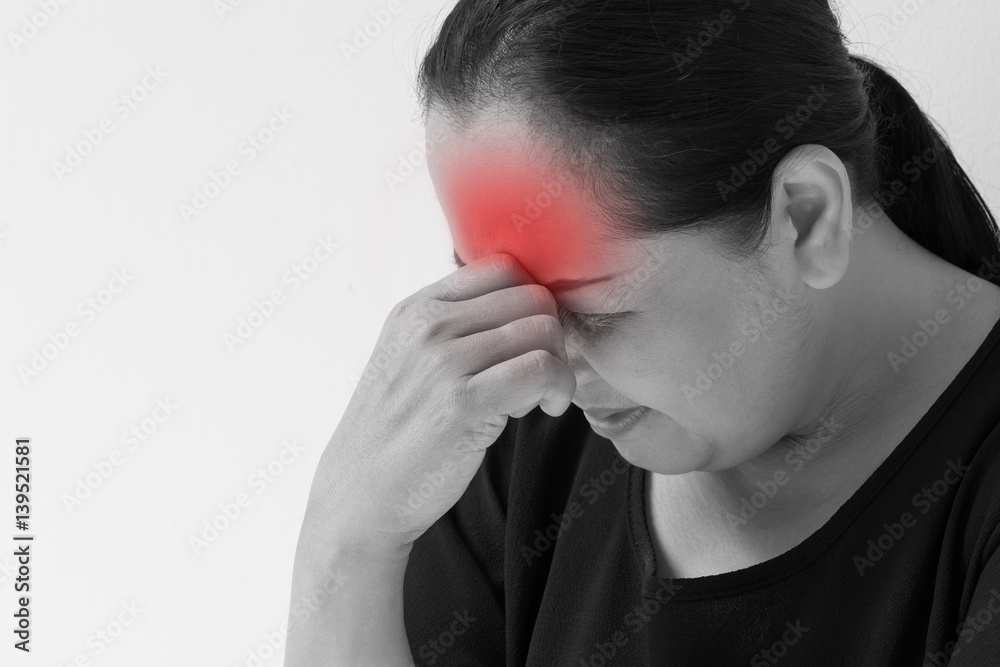 Fototapeta premium stressed middle aged woman with headache, tension, overwork, insomnia, stress, emotion instability