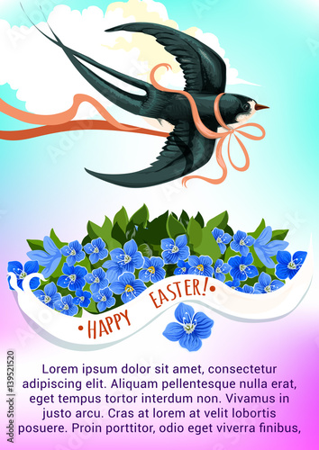 Easter greeting card with swallow bird and flower