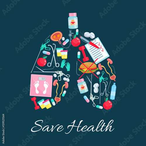 Lungs with dietetics and urology medical icons
