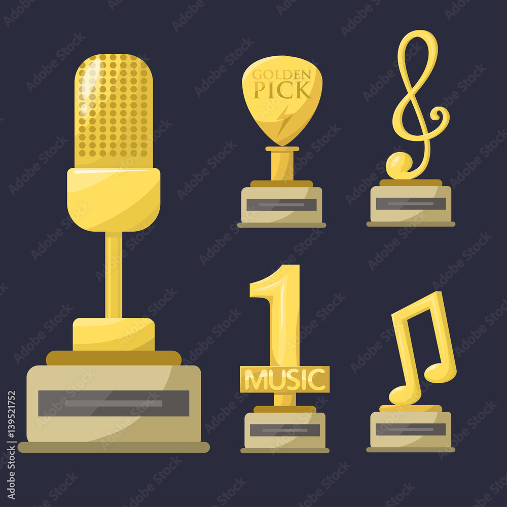 Gold rock star trophy music notes best entertainment win achievement clef and sound shiny golden yellow melody success prize pedestal victory vector illustration. Gold rock star trophy music notes best entertainment win achievement clef and sound shiny golden yellow melody success prize pedestal victory vector illustration.