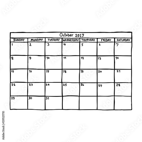calendar october 2017 - vector illustration sketch hand drawn with black lines, isolated on white background